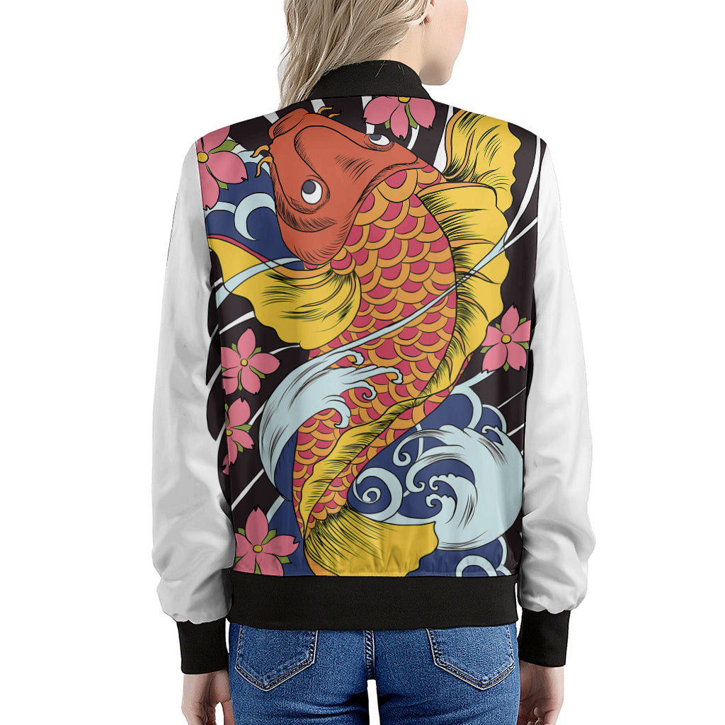 Japanese Koi And Flower Tattoo Print Women's Bomber Jacket