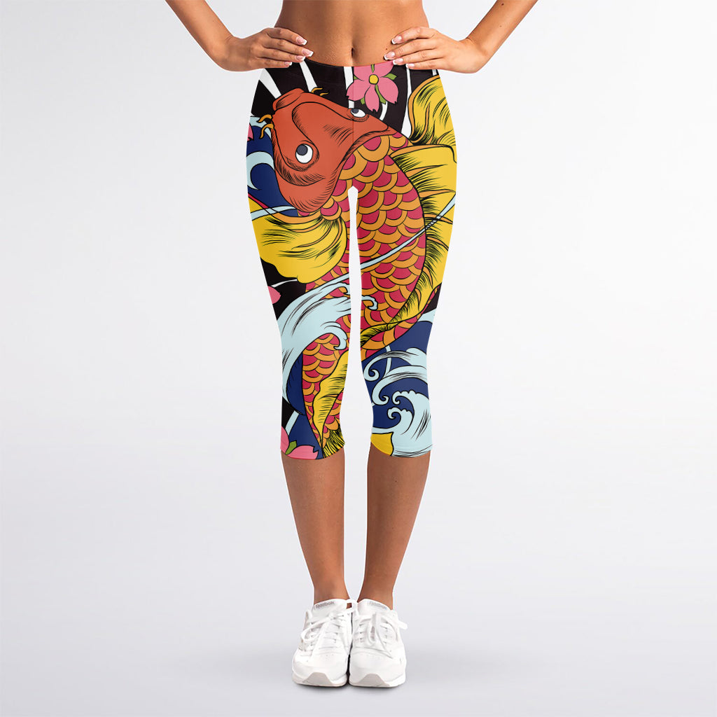 Japanese Koi And Flower Tattoo Print Women's Capri Leggings