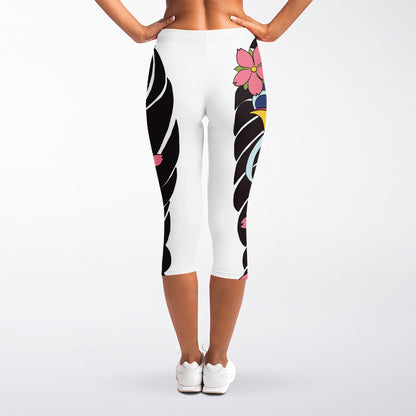 Japanese Koi And Flower Tattoo Print Women's Capri Leggings