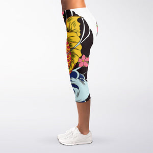 Japanese Koi And Flower Tattoo Print Women's Capri Leggings