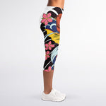 Japanese Koi And Flower Tattoo Print Women's Capri Leggings