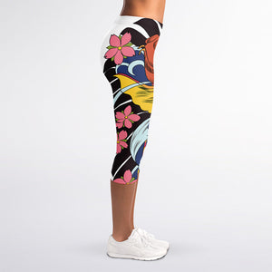 Japanese Koi And Flower Tattoo Print Women's Capri Leggings