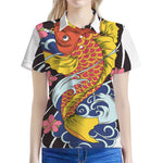 Japanese Koi And Flower Tattoo Print Women's Polo Shirt