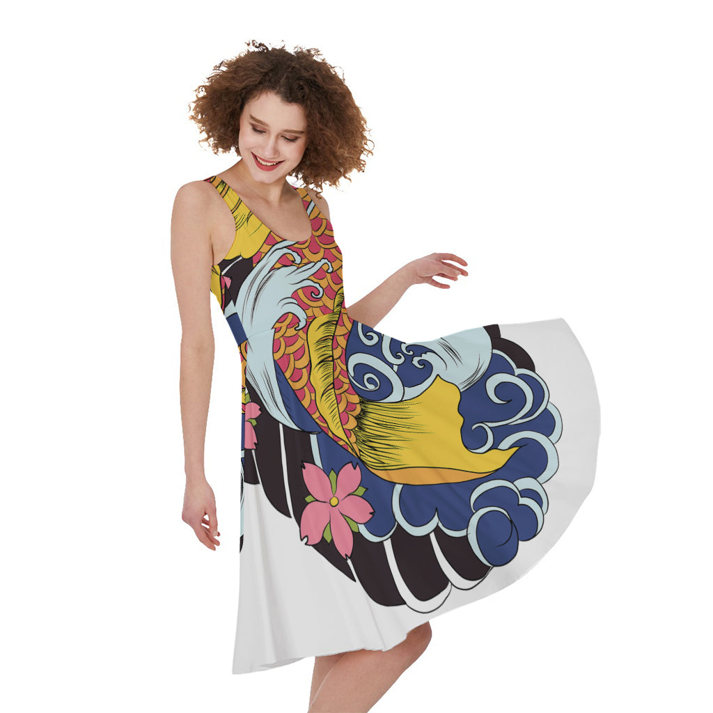 Japanese Koi And Flower Tattoo Print Women's Sleeveless Dress