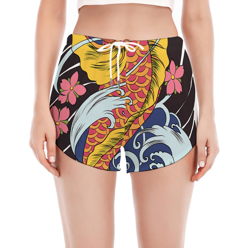 Japanese Koi And Flower Tattoo Print Women's Split Running Shorts