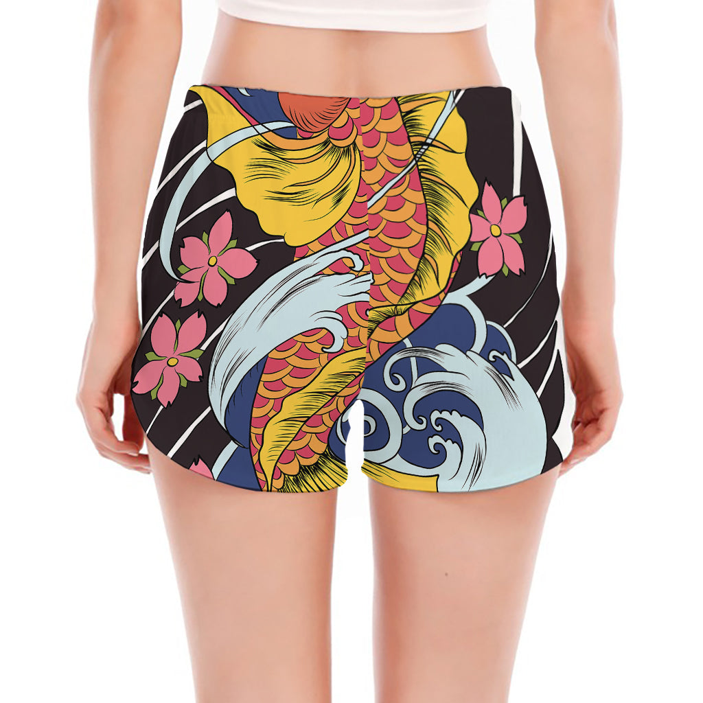 Japanese Koi And Flower Tattoo Print Women's Split Running Shorts