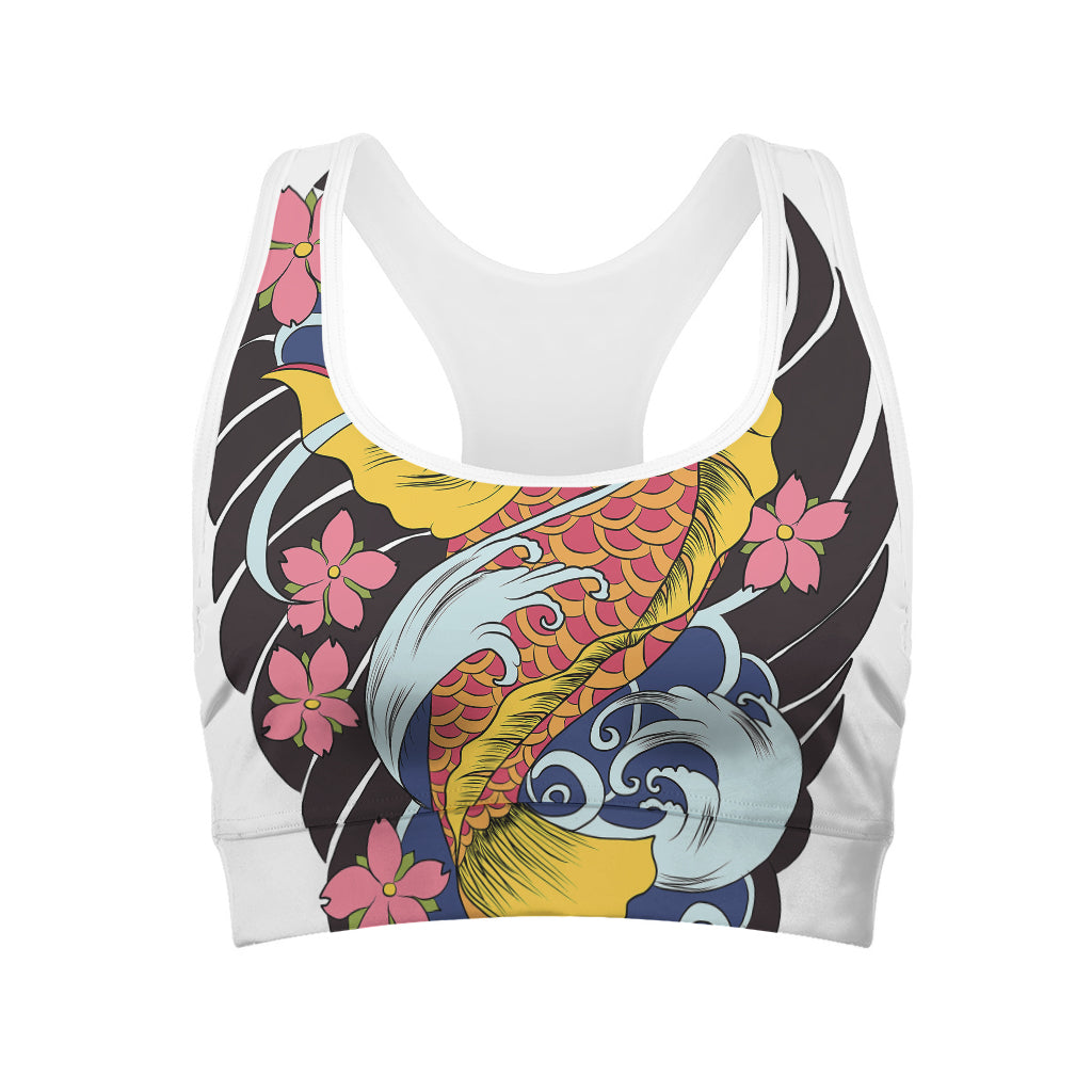 Japanese Koi And Flower Tattoo Print Women's Sports Bra