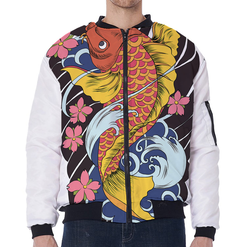 Japanese Koi And Flower Tattoo Print Zip Sleeve Bomber Jacket