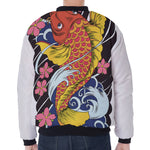 Japanese Koi And Flower Tattoo Print Zip Sleeve Bomber Jacket