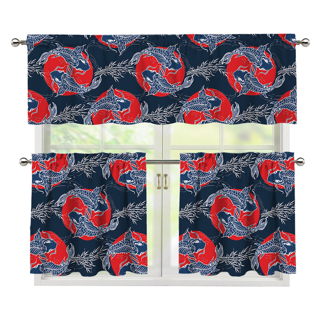 Japanese Koi Carp Fish Pattern Print 3 Piece Kitchen Curtains