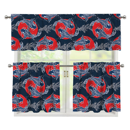 Japanese Koi Carp Fish Pattern Print 3 Piece Kitchen Curtains