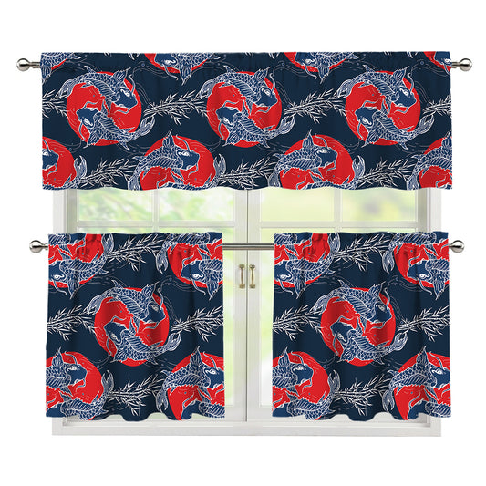 Japanese Koi Carp Fish Pattern Print 3 Piece Kitchen Curtains