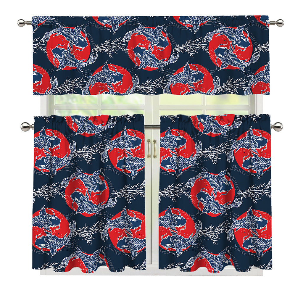 Japanese Koi Carp Fish Pattern Print 3 Piece Kitchen Curtains