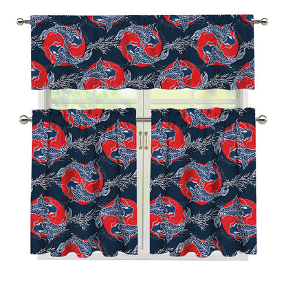 Japanese Koi Carp Fish Pattern Print 3 Piece Kitchen Curtains