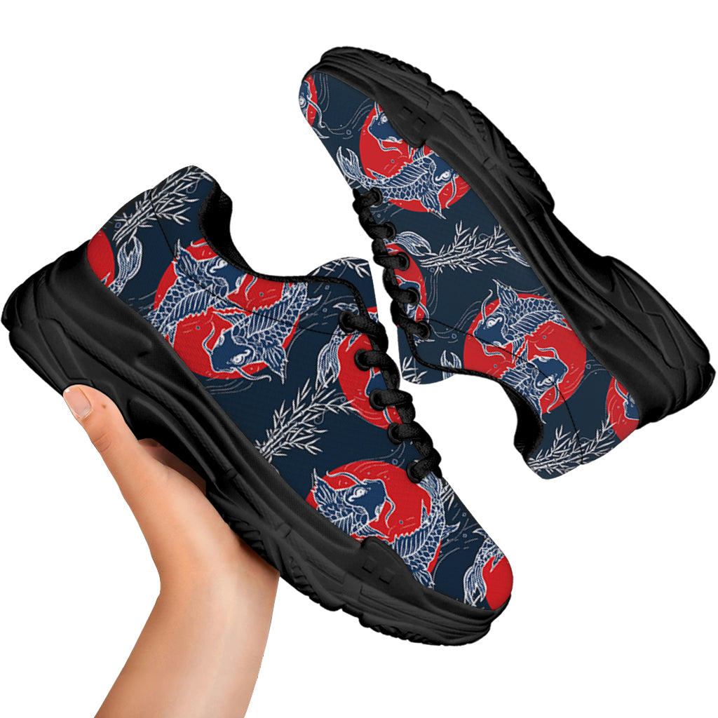 Japanese Koi Carp Fish Pattern Print Black Chunky Shoes