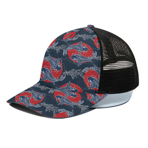 Japanese Koi Carp Fish Pattern Print Black Mesh Trucker Cap