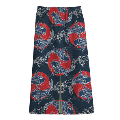 Japanese Koi Carp Fish Pattern Print Cotton Front Slit Maxi Skirt