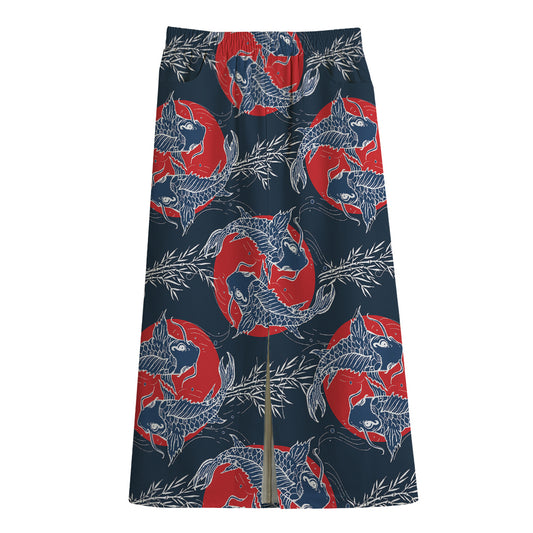 Japanese Koi Carp Fish Pattern Print Cotton Front Slit Maxi Skirt