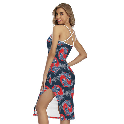 Japanese Koi Carp Fish Pattern Print Cross Back Cami Dress