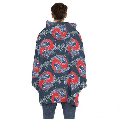 Japanese Koi Carp Fish Pattern Print Hoodie Blanket