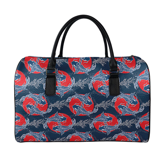 Japanese Koi Carp Fish Pattern Print Leather Duffle Bag