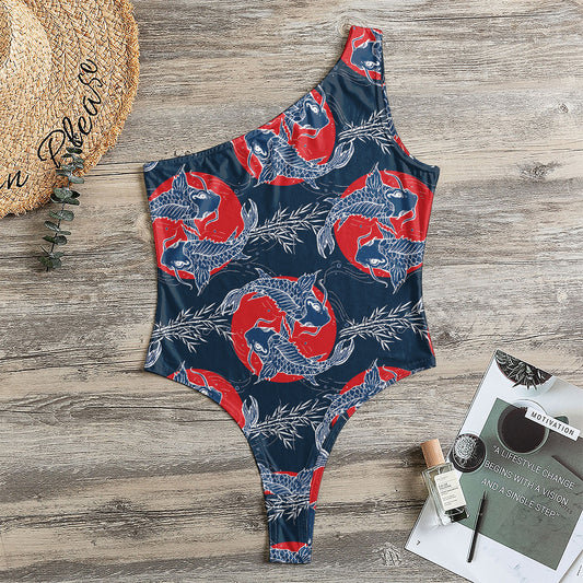 Japanese Koi Carp Fish Pattern Print One Shoulder Bodysuit