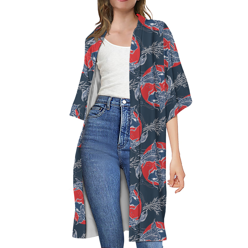 Japanese Koi Carp Fish Pattern Print Open Front Beach Cover Up