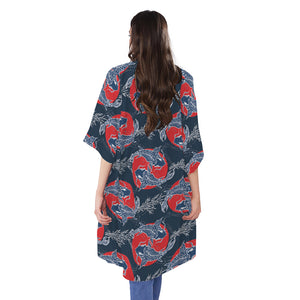 Japanese Koi Carp Fish Pattern Print Open Front Beach Cover Up