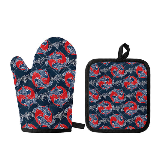 Japanese Koi Carp Fish Pattern Print Oven Mitt And Pot Holder Set
