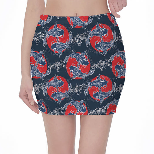 Japanese Koi Carp Fish Pattern Print Pencil Mini Skirt