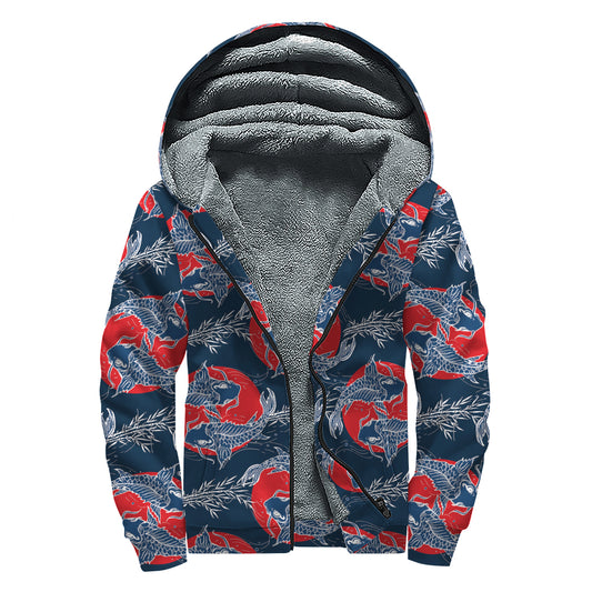 Japanese Koi Carp Fish Pattern Print Sherpa Lined Zip Up Hoodie