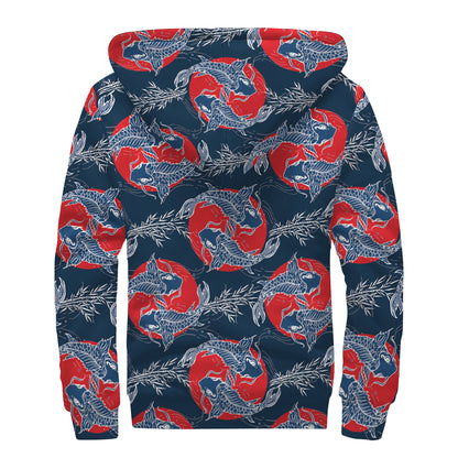 Japanese Koi Carp Fish Pattern Print Sherpa Lined Zip Up Hoodie