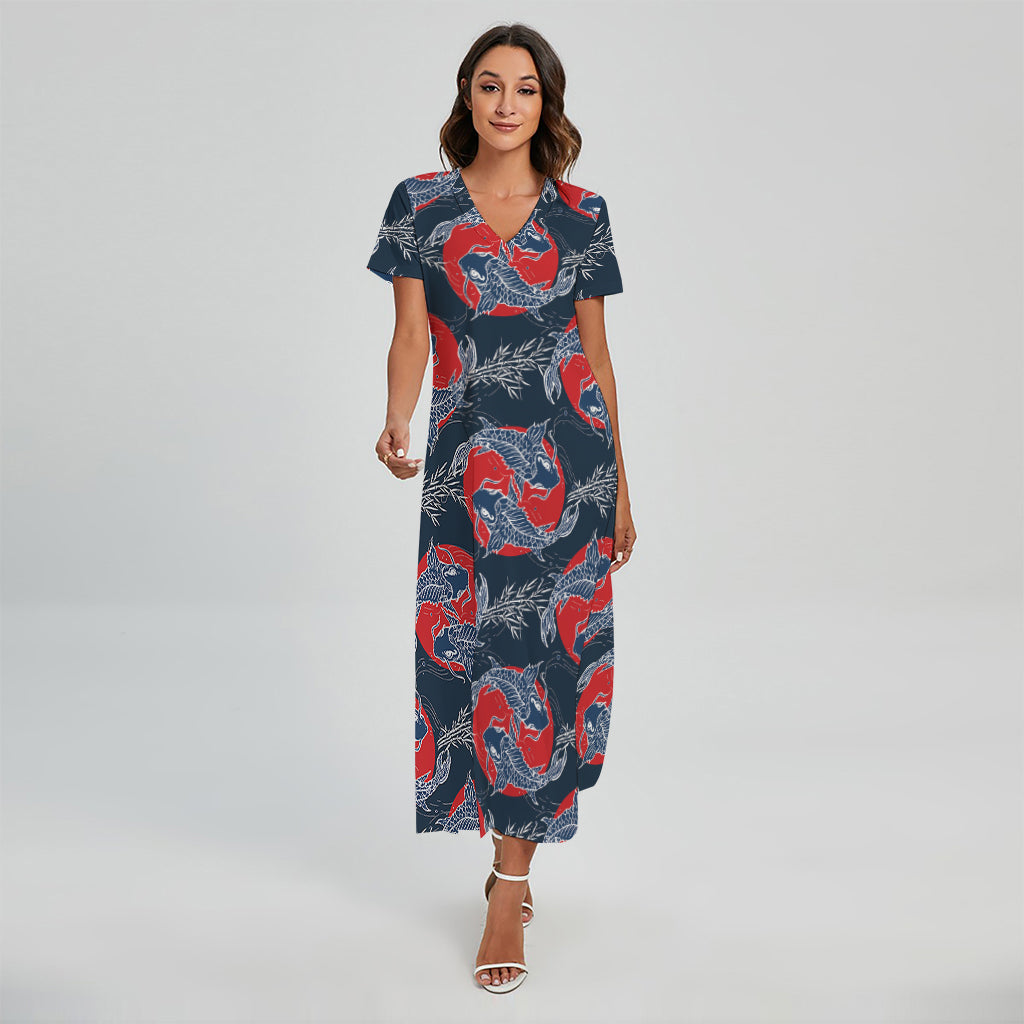 Japanese Koi Carp Fish Pattern Print Short Sleeve Maxi Dress