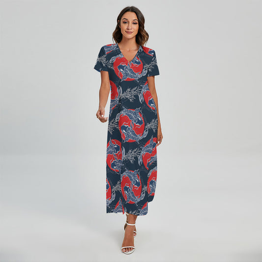 Japanese Koi Carp Fish Pattern Print Short Sleeve Maxi Dress
