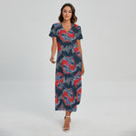Japanese Koi Carp Fish Pattern Print Short Sleeve Maxi Dress