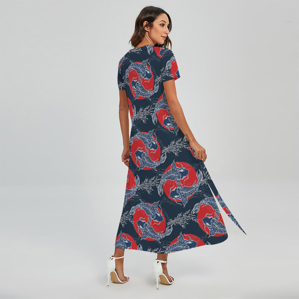 Japanese Koi Carp Fish Pattern Print Short Sleeve Maxi Dress