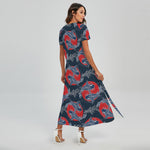Japanese Koi Carp Fish Pattern Print Short Sleeve Maxi Dress