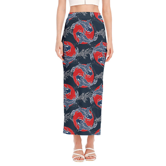 Japanese Koi Carp Fish Pattern Print Side Slit Maxi Skirt
