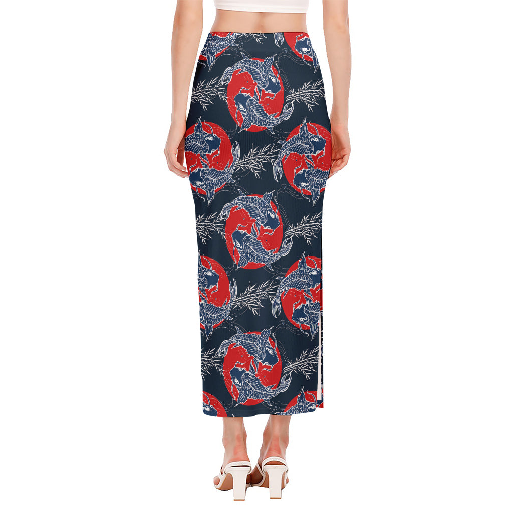 Japanese Koi Carp Fish Pattern Print Side Slit Maxi Skirt