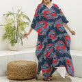Japanese Koi Carp Fish Pattern Print Silk V-Neck Kaftan Dress