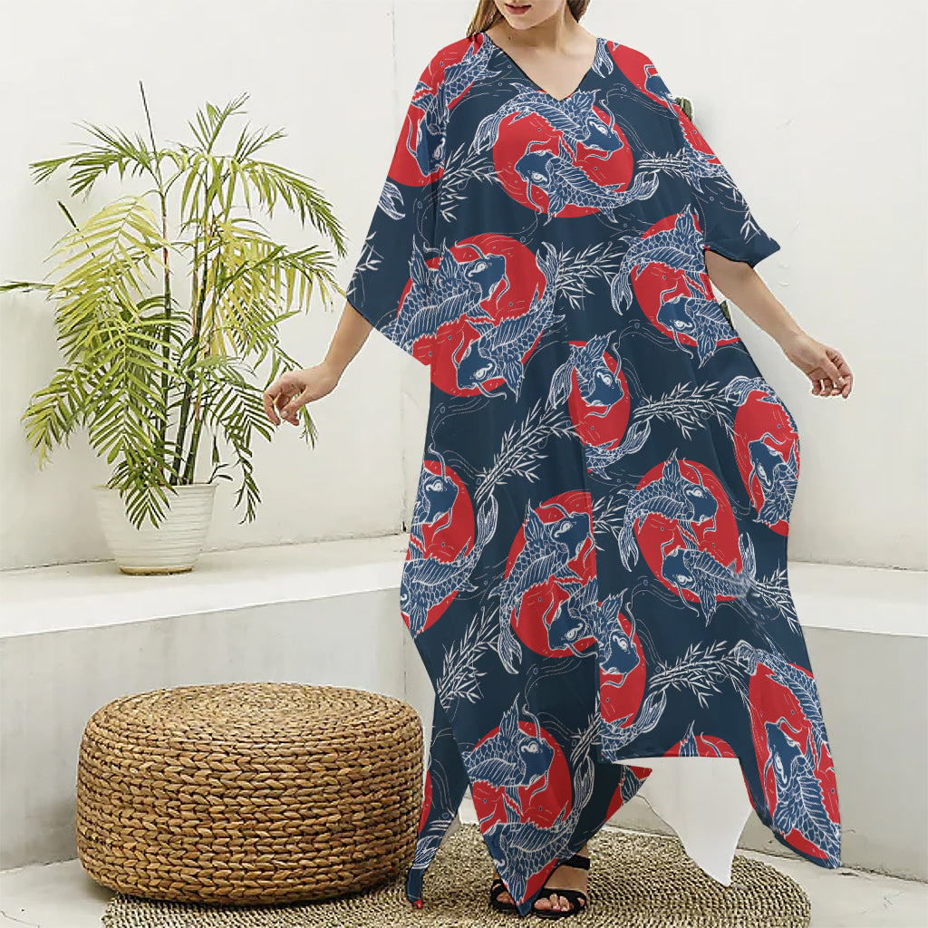 Japanese Koi Carp Fish Pattern Print Silk V-Neck Kaftan Dress