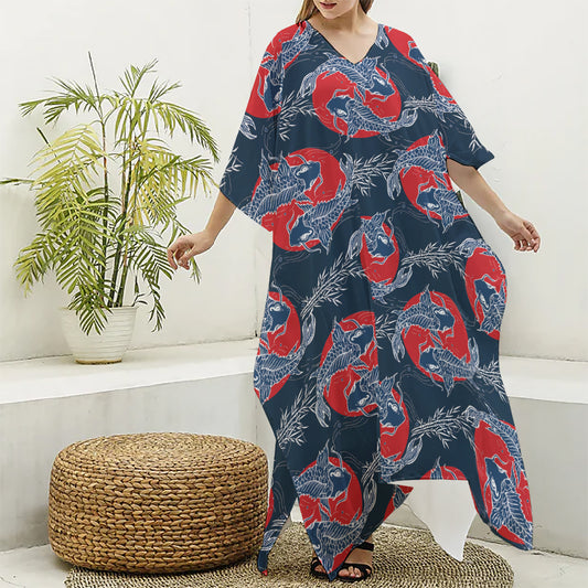 Japanese Koi Carp Fish Pattern Print Silk V-Neck Kaftan Dress