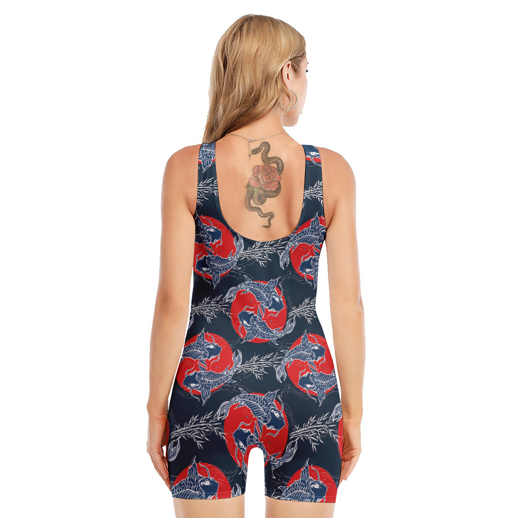 Japanese Koi Carp Fish Pattern Print Sleeveless One Piece Swimsuit