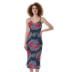 Japanese Koi Carp Fish Pattern Print Slim Fit Midi Cami Dress