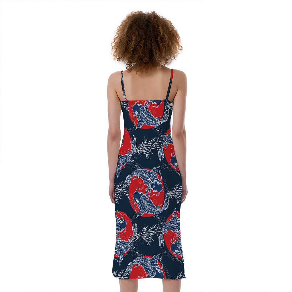 Japanese Koi Carp Fish Pattern Print Slim Fit Midi Cami Dress