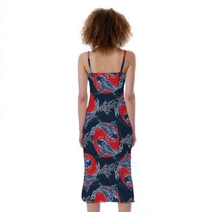 Japanese Koi Carp Fish Pattern Print Slim Fit Midi Cami Dress