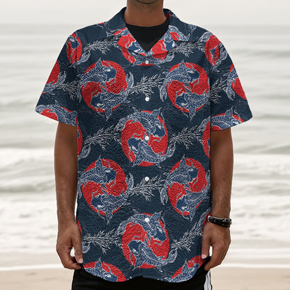 Japanese Koi Carp Fish Pattern Print Textured Short Sleeve Shirt