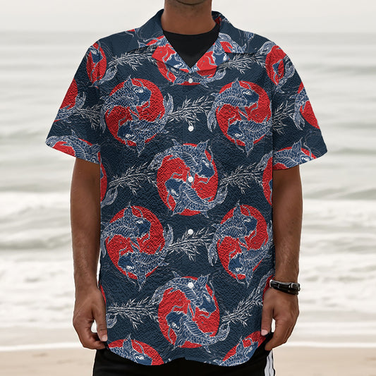 Japanese Koi Carp Fish Pattern Print Textured Short Sleeve Shirt