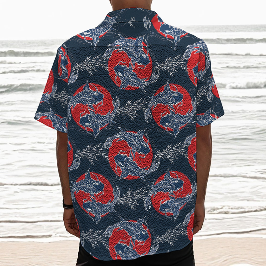Japanese Koi Carp Fish Pattern Print Textured Short Sleeve Shirt