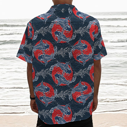 Japanese Koi Carp Fish Pattern Print Textured Short Sleeve Shirt